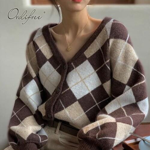 Ordifree 2021 Autumn Winter Women Knitted Cardigan Loose Casual Outwear Coats Vintage Plaid Sweater Cardigan Jumpers