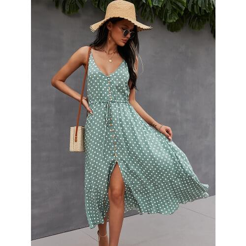 2021 Spring New Polka Dot Spaghetti Strap Dress Women Casual V Neck Holiday Style Bandage Dress Ladies High Wasit Summer Dresses