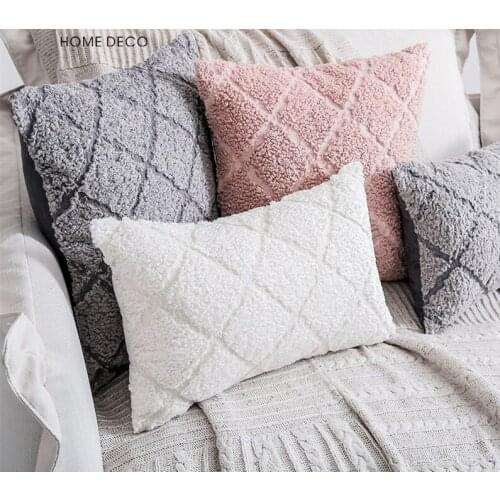 45x45/50x30cm cream white/pink/khaki/grey lamb plush cushion cover solid quilted windowpane pillow case lumbar pillow cover