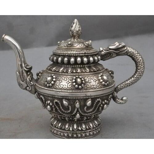 Decoration bronze factory outlets Tibet Silver Old China Dynasty Silver Auspicious Scleropages Dragon Fish Wine Tea Pot Flagon