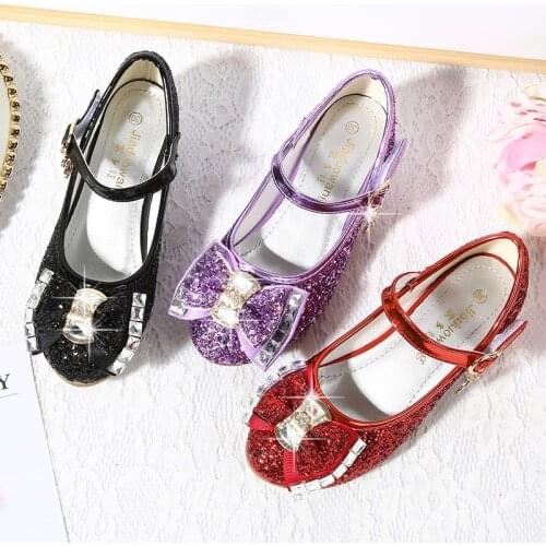 Princess Kids Leather Shoes for Girls Flower Casual Glitter Children High Heel Girls Shoes Butterfly Knot Blue Pink Silver