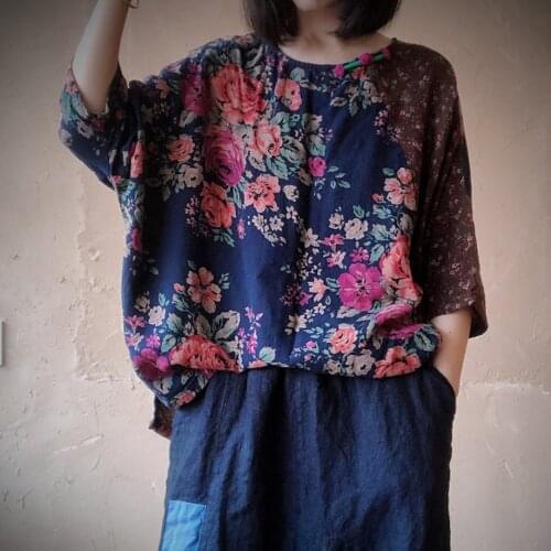 Johnature 2021 Summer Patchwork Print Blue Flower Top New O-Neck Vintage Half Sleeve Cotton Women Casual All-match Loose T-shirt