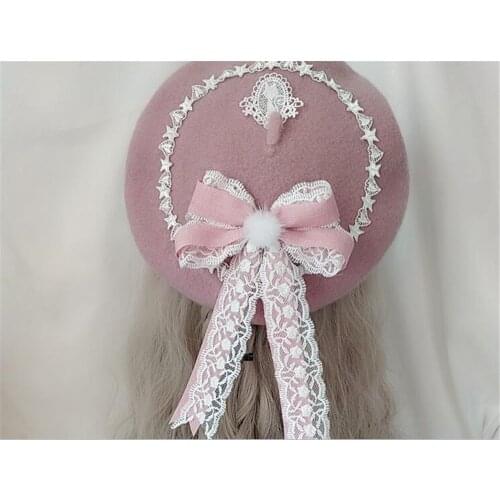 Sweet Handmade Lolita Girls Bowknots Drawers Beret Woolen Hat Kawaii Cute Painter Beret Cap Lace Trim B1436