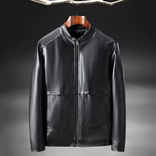 Men Jacket Zipper Closure Stand Collar Faux Leather Solid Color Cool Slim- Fit Motorcycle Casual Jacket Faux Leather Outwear
