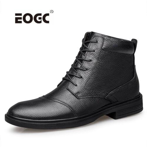 Natural Leather Men Boots Waterproof Warm Plush Snow Boots Plus Size Combat Ankle Boots Outdoor Autumn Winter Shoes Men