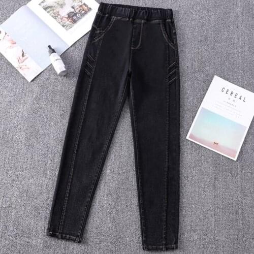 Herfst Patchwork Elastische Taille Vrouwen Jeans Hoge Taille Stretch Skinny Harembroek Broek Dames Plus Size Koreaanse Slim Cowb