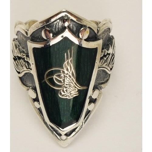 Ottoman Tuğralı, Ottoman motif, Green Enamel Silver Male Thumb Ring in Traditional Ring 925 sterling silver ring