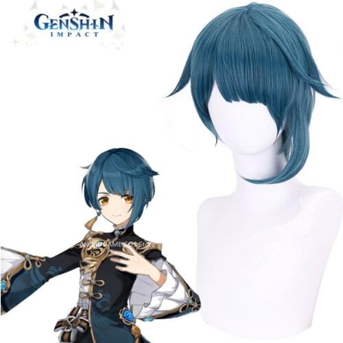 COS Xingqiu Wig Anime Genshin Impact Traveler Anti-Alice Style Fake Blue Short Hair Game Cosplay Wig Role Play Built In Hairnet