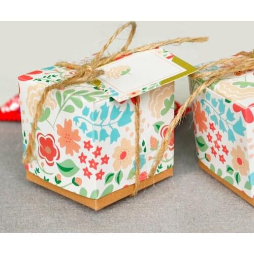 Flower Paper Box 5sets Square Shape with Tags Hemp Cord Candy Gift Packaging Box for Guest Wedding Box Wedding Party Decoration