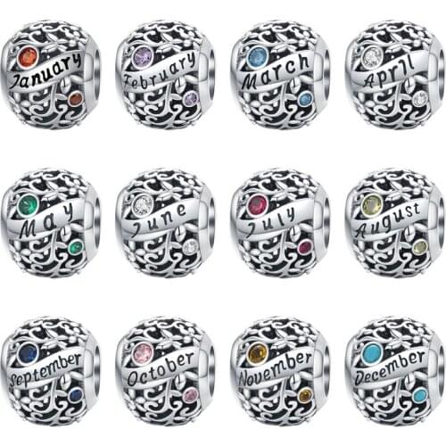 Birthstone Beads BISAER Hot Sale 925 Sterling Silver Birthday Stone Beads Birthstone Charms fit Bracelets DIY Jewelry ECC1385