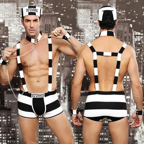 JSY Porno Mens Bodysuit Sexy Underwear Prisoner Uniform Cosplay Lingerie Hot Erotic Catsuit Costumes For Sex Role Play Suit