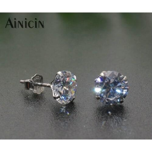 No Allergic S925 Silver 8mm Bright Blue Hearts and Arrows Zircon Classical Stud Earrings For Men Women Party Gift Jewelry