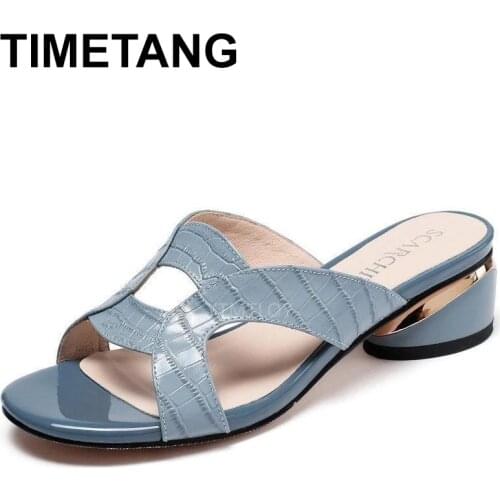 TIMETANG Solid PU Leather Hoof Heels Women Slippers Retro Striped Shallow Hollow Non-Slip Slides Sexy Sandals Mom Shoes PlusSize