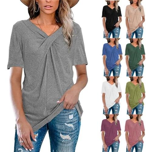 T shirt women summer clothes 2021 short sleeve v-neck new ms pure color cross knot loose leisure T-shirt tshirt CHF7078