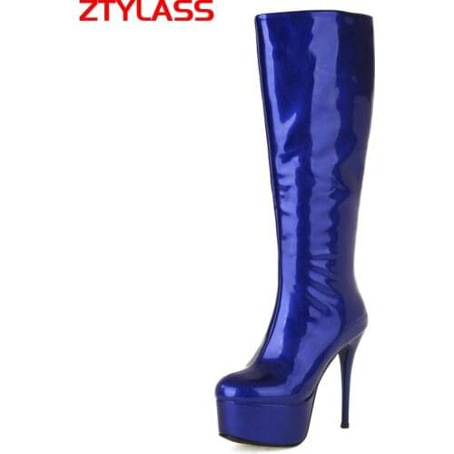 2021 Sexy Patent Leather Stiletto Women Boots Platform Super High Heel Knee High Boots Autumn Winter Zipper Woman Boots Shoes