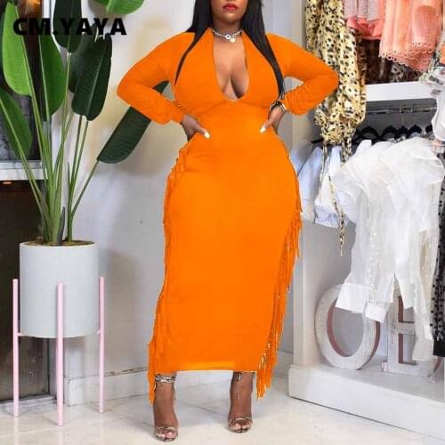 CM.YAYA Women Plus Size Tassel Side Long Sleeve Maxi Dress Holiday Beach INS Sexy Party Autumn Winter Long Solid Midi Dresses