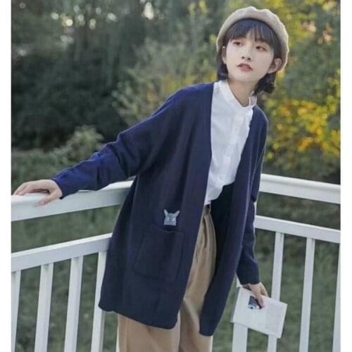 Cartoon Cat Embroidery Women Long Knitted Cardigan 2021 Winter Warm Coat Korean Female V-neck Pocket Kawaii Jumpers Soft Tops