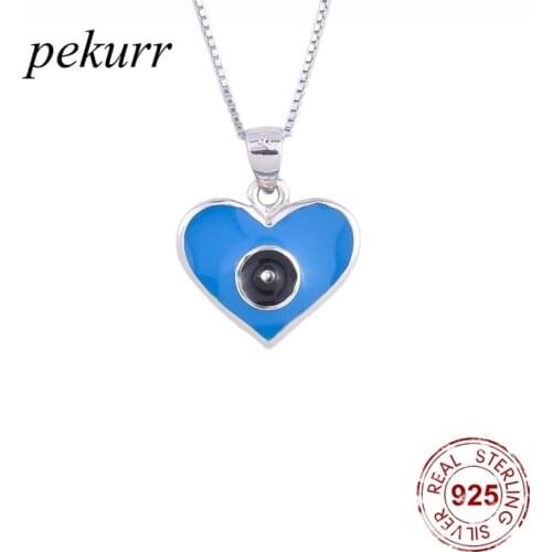 Pekurr 925 Sterling Silver Light Blue Evil Eye Heart Pendant Necklace For Women Big Heart Pendants Wedding Fashion Jewelry