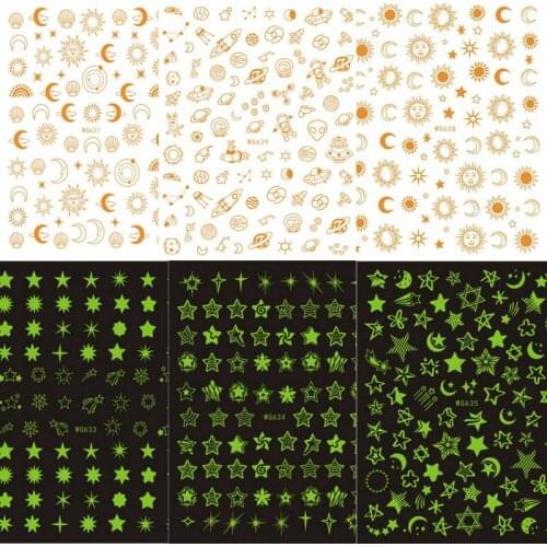 Gold gilding nail art sticker luminous starry star moon sun alien printing hand tattoo 3D manicure nail tip accessories WG088