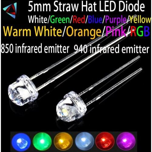 50pcs 5mm 4.8mm Straw Hat Clear Warm White Green Red Blue Purple Yellow Orange Pink RGB DIY Light Emitting Diode Set