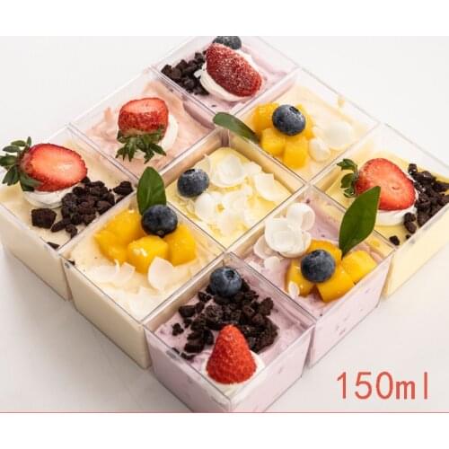 50pcs HIgh quality transparent pudding icec ream cake hard plastic cups 150ml square disposable dessert packaging cups with lid
