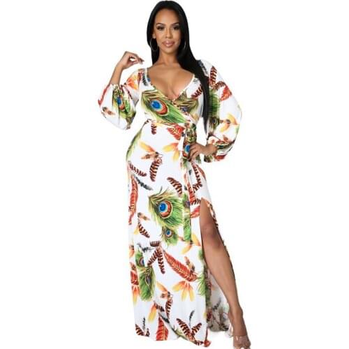 Dashiki African Clothing for Women 2021 Fashion Sexy Slit Deep V Neck Dress Long Sleeve Off Shoulder Floral Print Kanga Clothes