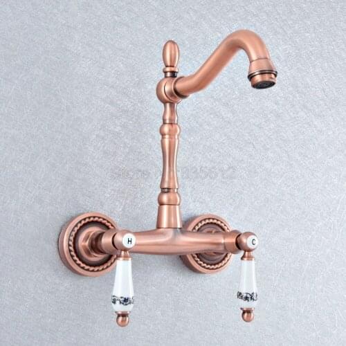 Antique Red Copper Brass Wall Mounted Kitchen Bathroom Sink Faucet Dual Handle Swivel Spout Hot Cold Water Tap tsf889