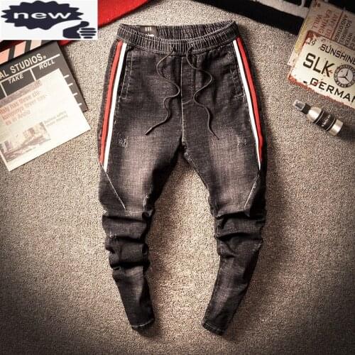 Fashion Mens Elastic Waist Jeans Slim Fit Side Striped Denim Joggers Pencil Autumn Long Trousers Male Casual Harem Pants