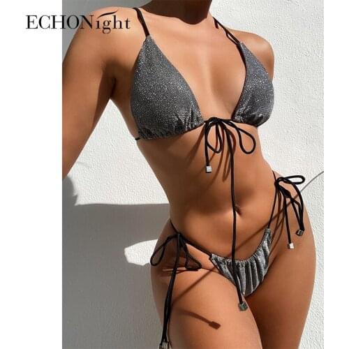 Echonight Shining Micro Bikini Lace Up Womens Swimsuit Sexy Womens Swimwear 2021 Separate Swimsuit Female Bikinis 2021