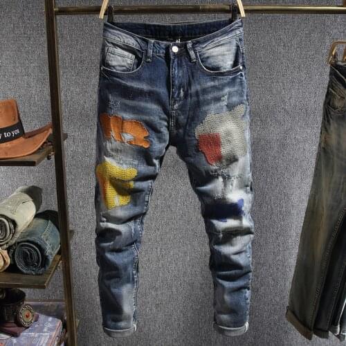 European American Street Fashion Men Jeans Retro Blue Elastic Ripped Jeans Men Embroidery Patches Designer Hip Hop Denim Pants