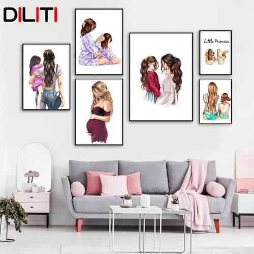 Fashion Mother Little Girl Figure Canvas Painting Art Nordic Mommy Girl Posters and Prints for Living Room Wall Pictures Decor