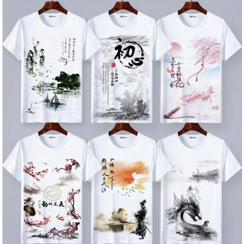 Chinese Landscape Freehand Brushwork Splash-Ink Landscape Ink Painting Artistic Men and Women T-shirt Clothes Bottoming Shirt