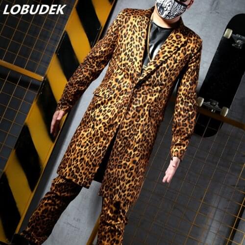 Leopard Long Coat Blazers Men Suits Tide Male Singer Musical Vocal concert Punk Rock Costume Bar Dancer Star Party Stage outfit
