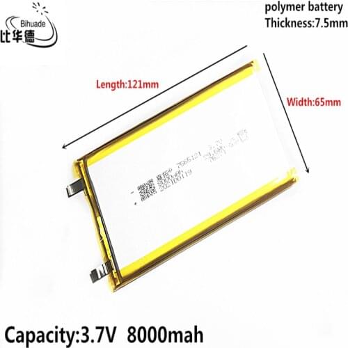 10pcs 3.7V Lithium polymer 8000mAh 7565121 Soft package battery For Power Bank Bluetooth Speakers Tablet DVD battery