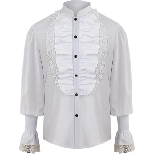 Victorian White Stand Collar Long Sleeves Mens Shirt Steampunk Tops Medieval Cosplay Costumes Vintage Plus Size Gothic Clothing