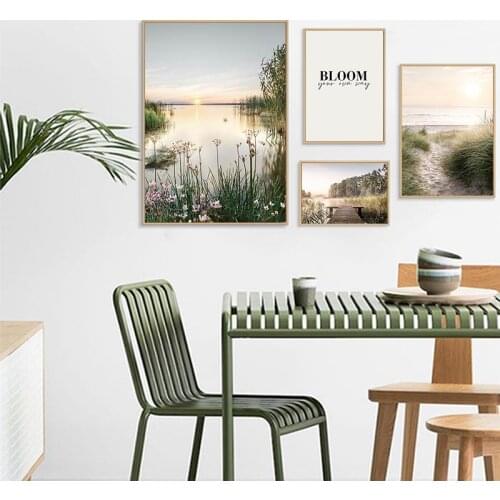Nature Landscape Poster Green Plant White Flowers Wall Art Lake Beach Print Canvas Painting for Living Room Decoration Picture