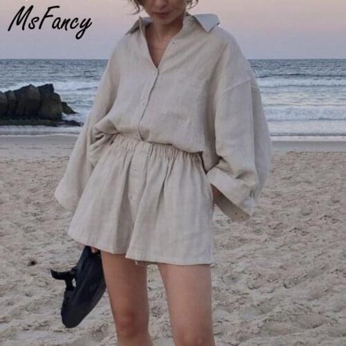 New Msfancy Summer Two Piece Set Women 2021 Cotton Shorts Sets Vintage Boho Oversized Shirt High Waist Loose Shorts Mujer Sets