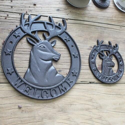 Circled Reindeer Head Cast Iron Welcome Plaques Farm House Accents Antique Rustic Home Garden Wall Decor Round Heavy Metal Signs