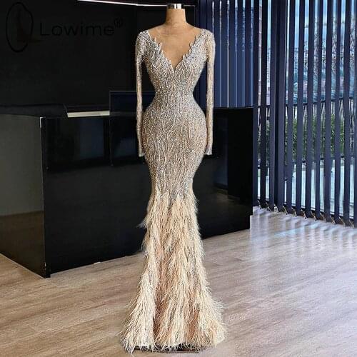 Feathers Champagne Long Sleeves Mermaid Evening Dresses Sparkly Luxury Beading Wedding Formal Gowns Abendkleider 2021