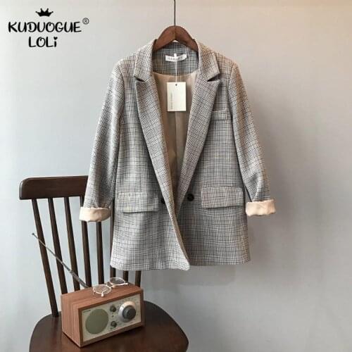 Korean Style Plaid Suit Jacket Women Long Sleeve Single-Breasted Loose Splicing Casual Spring Notched Collar Spring Autumn Top