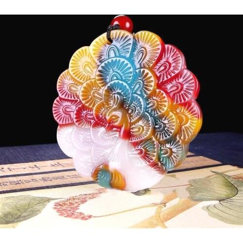 Natural Color Jade Peacock Pendant Chinese Necklace Hand-Carved Charm Jewellery Fashion Amulet Accessories for Men Women Gifts