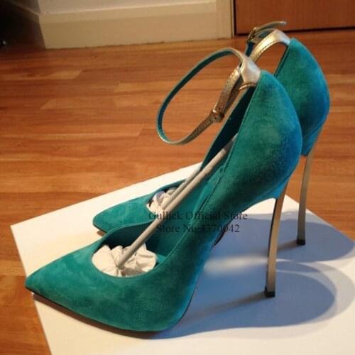Sexy Gold Ankle Strap Blade Metal Heels Dress Shoes Pointed Toe Blue Green Suede Stiletto Heels Party Dress Shoes Drop Ship