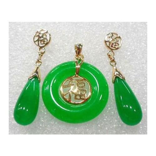 Wholesale price Jewelry GreenJade stone Fortune Round Women Pendant Chain Necklace Drop Earrings Set