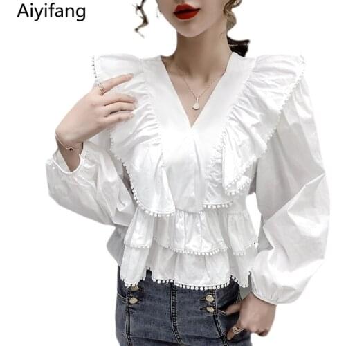 2021 Fashion Sweet Ladies Sexy V-Neck White Blouses Spring Women Elegant Long Sleeve Ruffles Short Shirts Pullover Tops Clothing