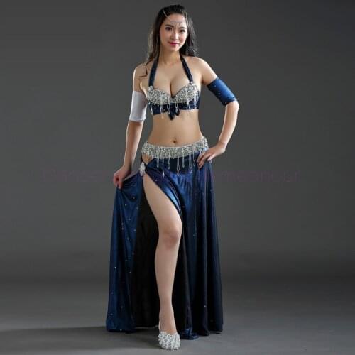 New style belly dance costumes senior sexy handmake bra top+velvet skirt 2pcs belly dance set for women belly dance suits