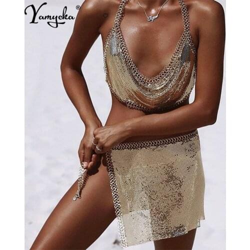 Sexy Metal body chain Summer dress women Bling Bralette Bustier Glitter crystal vestido Luxury night club party bodycon dresses