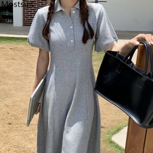2021 Summer Casual Stylish Long Dress Women Short Sleeve Turn-down Collar Buttons Dresses Solid Streetwear Fashion Vestidos