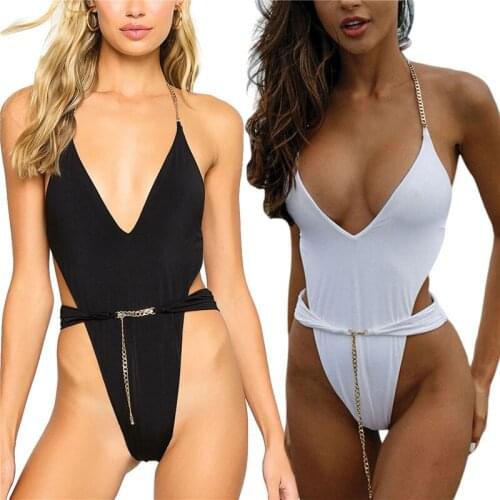 Women One Piece Bikini Summer Solid Color Deep V-Neck Sleeveless One-Piece Swimwear with Chain Strap Beachwear Monokini Swimsuit