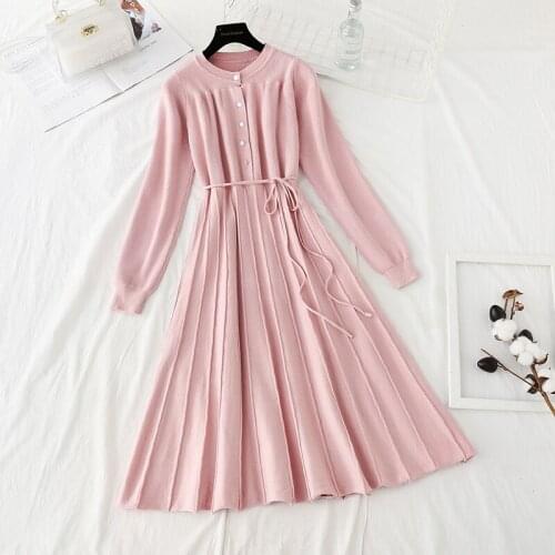 Spring Autumn Knit Long Dress Women Casual O-Neck Single-breasted Slim Bodycon robe Sweater Dresses Office Lady Dress