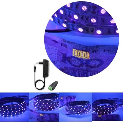 12V UV 5050 SMD non Waterproof Ultraviolet 395-405nm LED Flexible Strip Tape Ribbon Lamp for DJ Fluorescence + power adapter